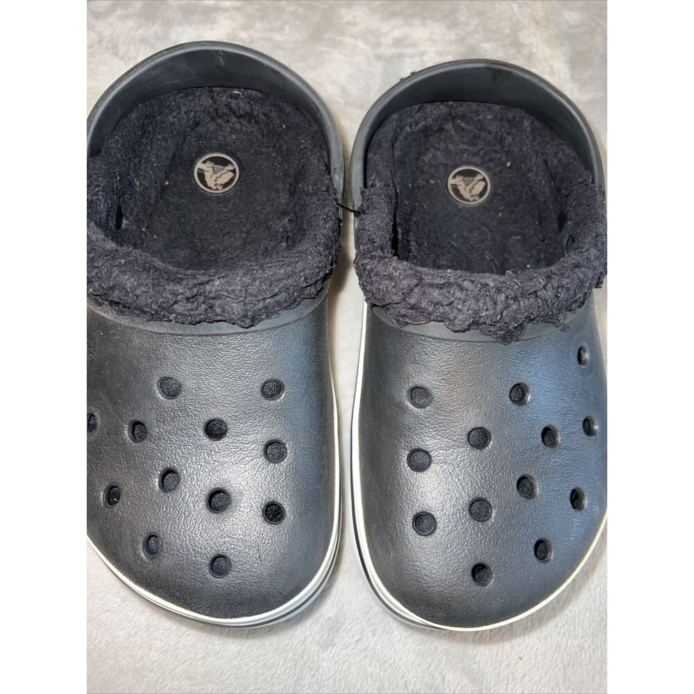 Crocsband Crocs Classic Fleece Fur Lined Clogs Kids Youth Black White Size J2￼